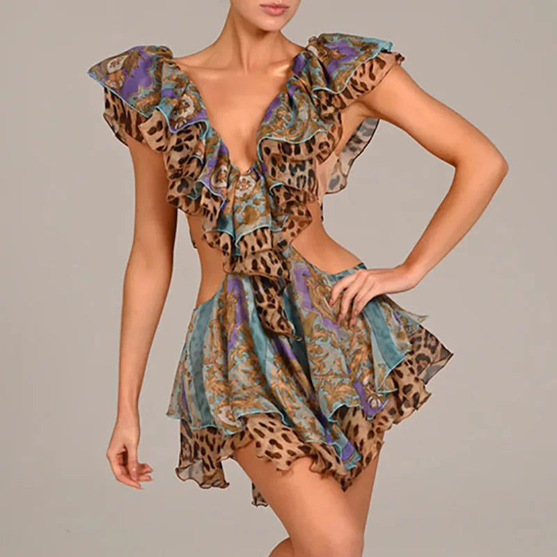 Sleeveless Pleat Ruffled Printed Mini Dress