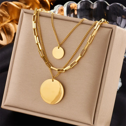 316L Stainless Steel Gold Color 3in1 Round Pendant Necklace