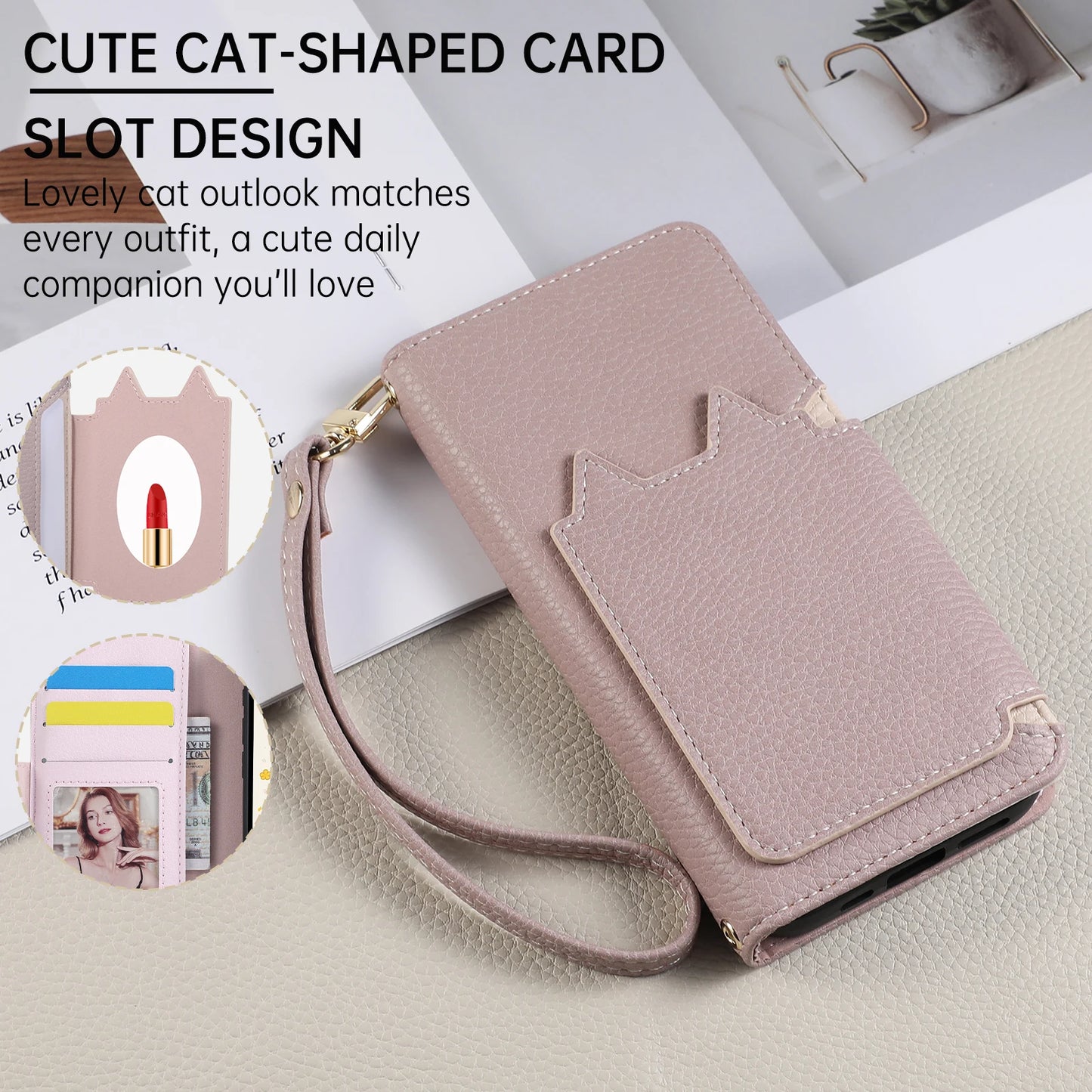 Cat Shape Litchi Leather Flip Wallet Phone Case with Mirror for iPhone