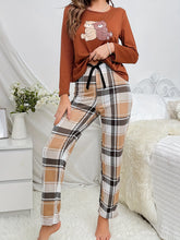 Cartoon Bear Print Long-sleeved Top and Plaid Trousers Set