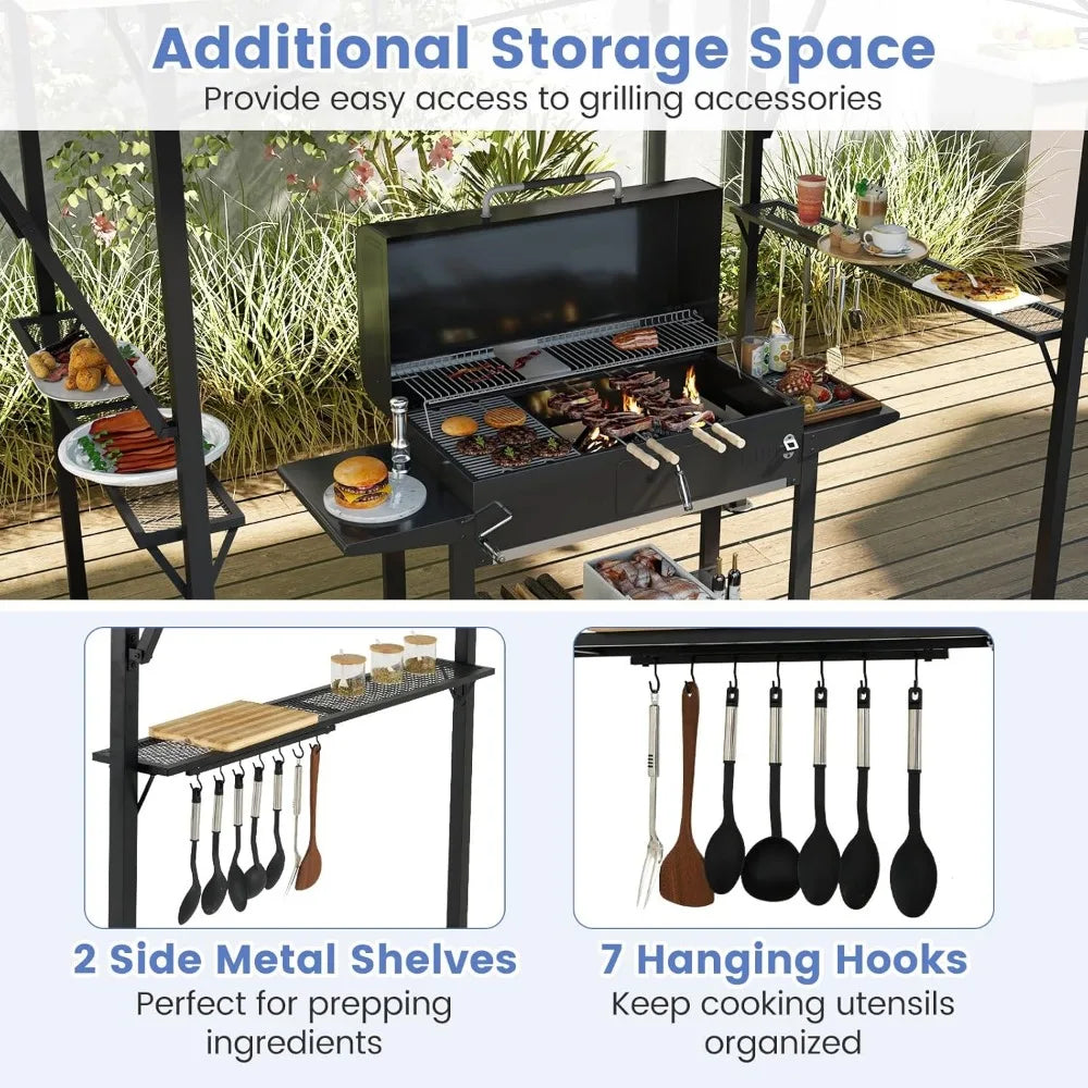 13x5' Grill Gazebo with Dual Side Awnings, 2 Shelves, 7 Hooks, Adjustable Shadow