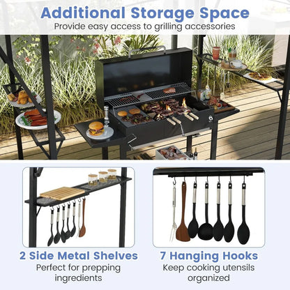 13x5' Grill Gazebo with Dual Side Awnings, 2 Shelves, 7 Hooks, Adjustable Shadow