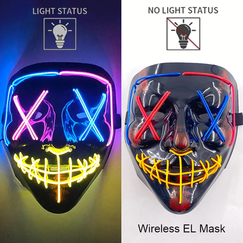 LED Light-Up Neon Wire Purge Mask – 3-Mode Halloween Horror Cosplay Mask for Adults