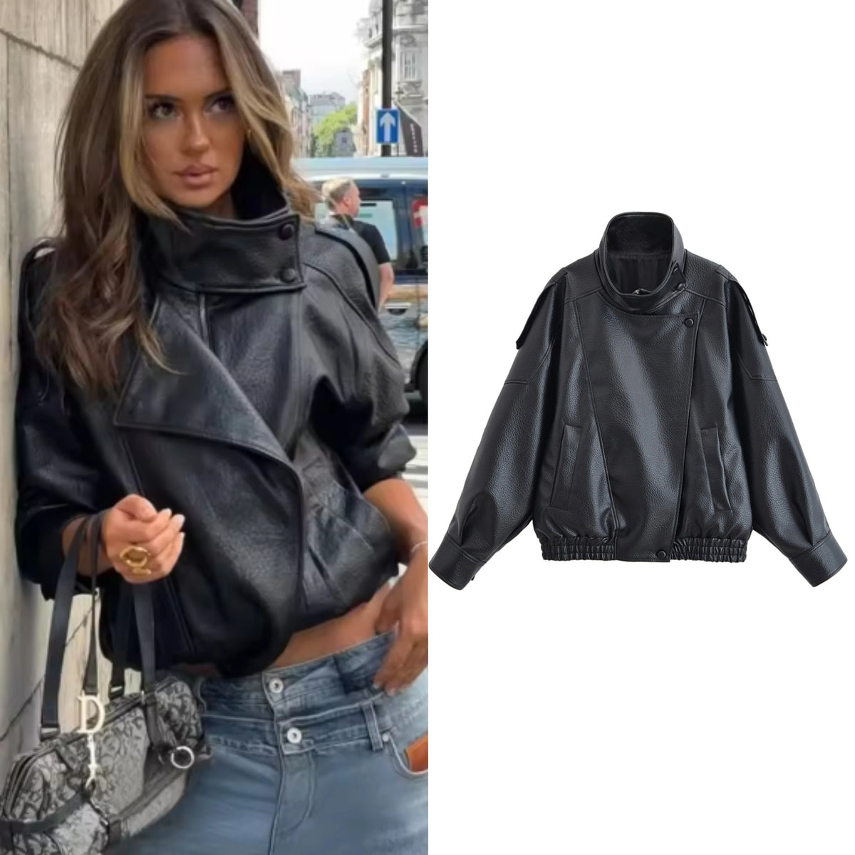 Women's Black Faux Leather Motorcycle Jacket – Long Sleeve Casual Coat
