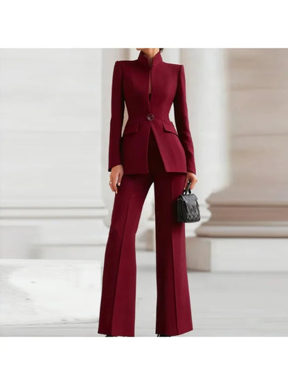 Women's 2-Piece V-Neck Single-Button Blazer & Wide-Leg Pants Suit Set