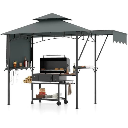 13x5' Grill Gazebo with Dual Side Awnings, 2 Shelves, 7 Hooks, Adjustable Shadow