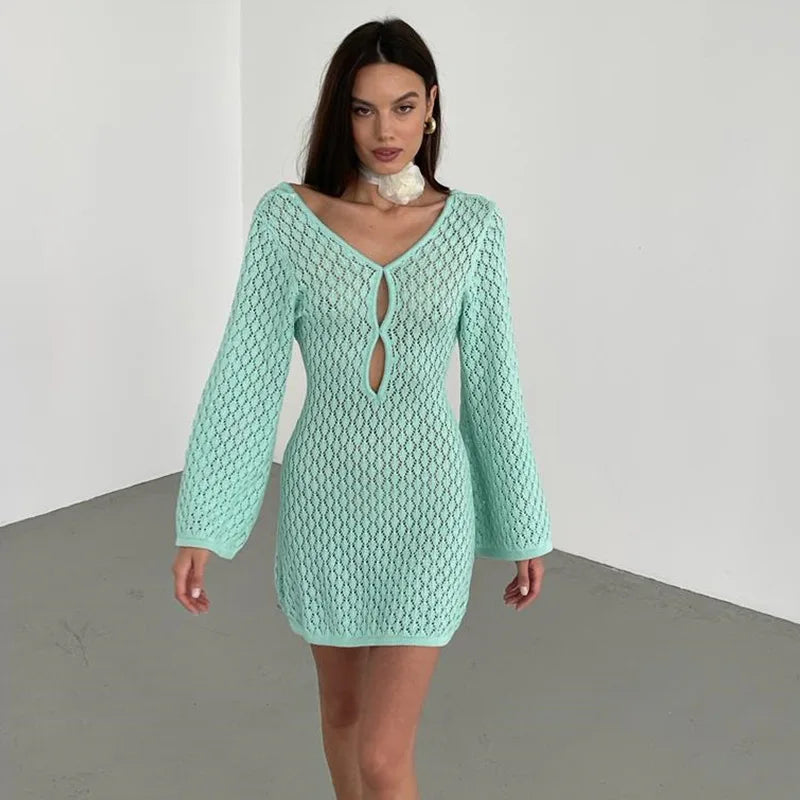 Women's Deep V-Neck Backless Knit Beach Cover-Up Dress