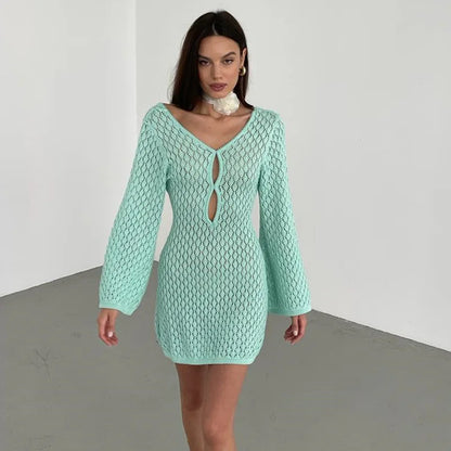 Women's Deep V-Neck Backless Knit Beach Cover-Up Dress
