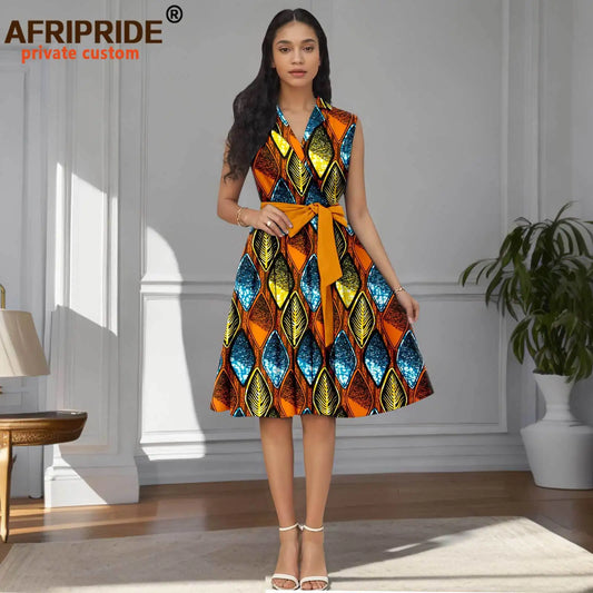 Designer Print Sleeveless High Waist Dress with Sash