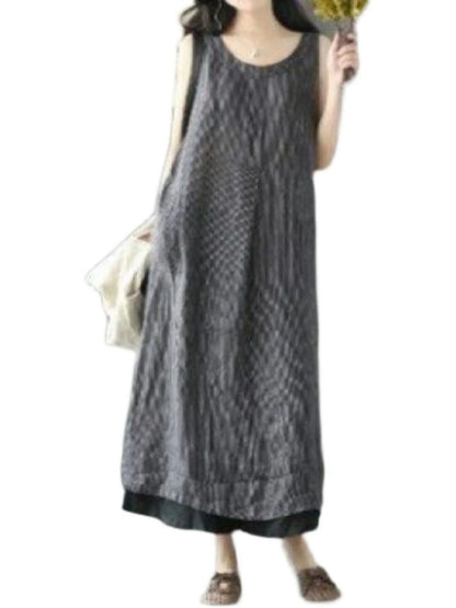 Vintage Striped Cotton Linen Sleeveless Midi Dress with Pockets