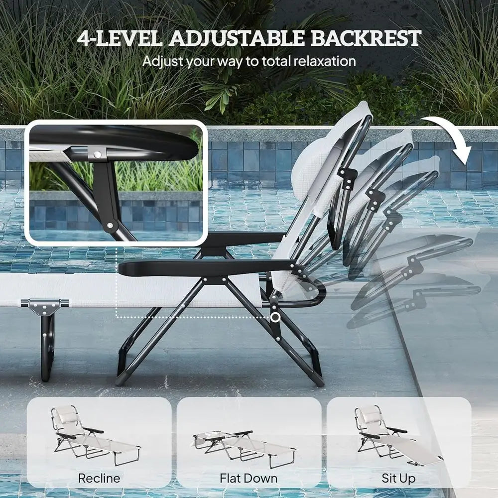 4-Position Adjustable Beach Chaise Lounge Chair with Pillow Rest
