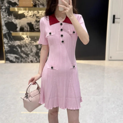 French Elegant Color Block Collar Short Sleeve Dress