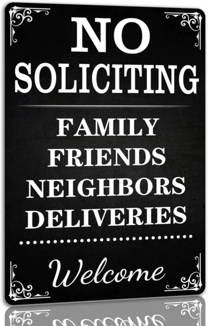 2D Vintage 'No Soliciting' Family & Deliveries Welcome Metal Sign