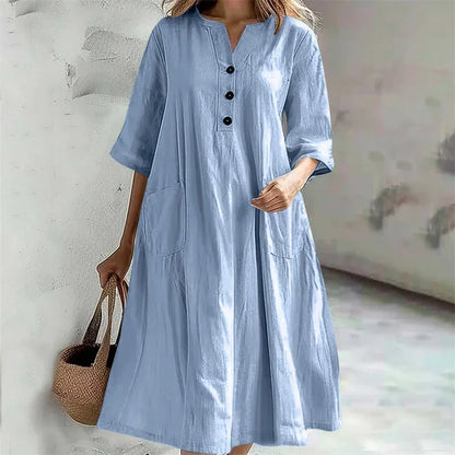 Women's Loose Cotton Linen Half-Sleeve Casual Midi Dress with Pockets