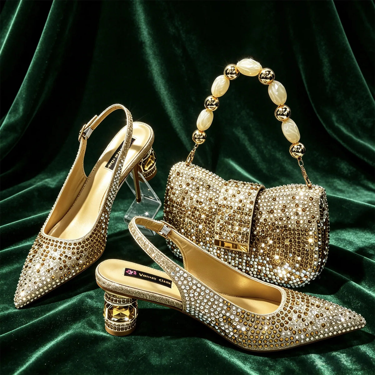 Emerald Green Rhinestone High Heels & Matching Handbag Set