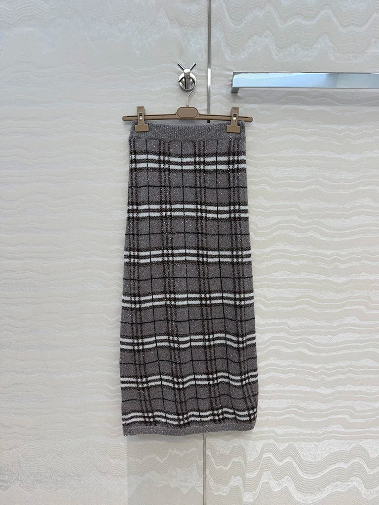 Women’s Vintage Plaid Knit 2-Piece Sweater & Long Skirt Set
