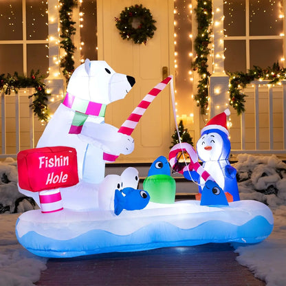 6 FT Long Christmas Inflatable Penguin & Polar Bear Fishing Yard Decoration