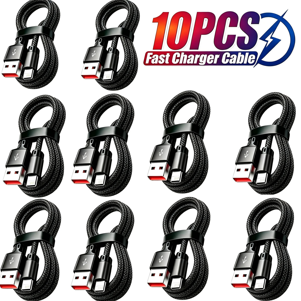 10-Pack Nylon Braided Fast Charging Cable for iPhone 14 13 12 11 Pro Max Mini XS XR X 8 7 6