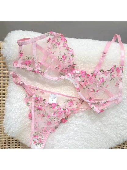 YUQI Women's French Floral Embroidered Lingerie Set