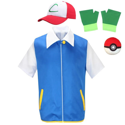 Ash Ketchum Cosplay Costume Set – Anime Trainer Outfit with Jacket, Cap & Gloves for Halloween & Cosplay Events