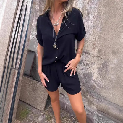 Women's Linen-Blend Button-Down Shirt & Shorts 2-Piece Set