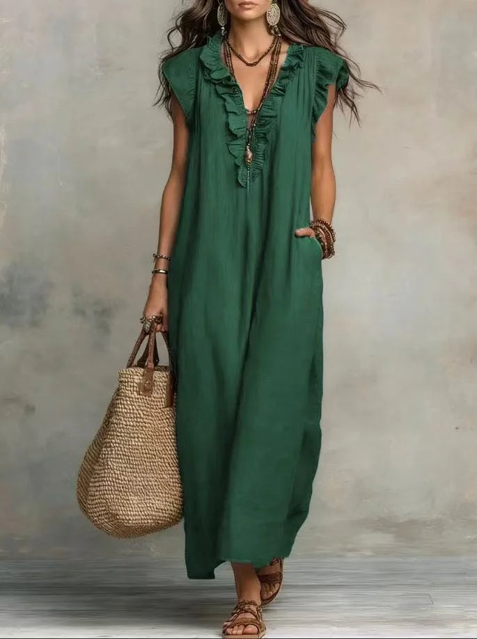 Women's Boho V-Neck Sleeveless Ruffle Solid Color Maxi Dress