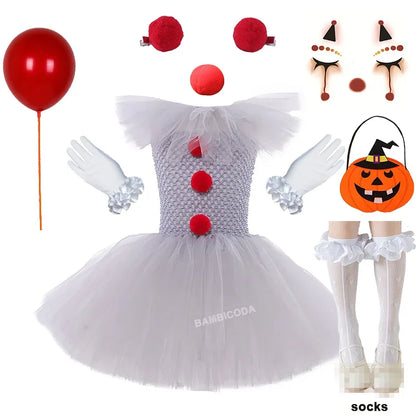 Girls' Pennywise Halloween Costume Dress Set - Creepy Clown Tutu Outfit for Kids