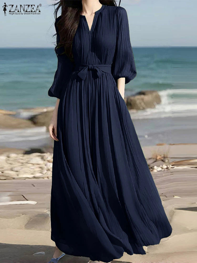 ZANZEA Women's V-Neck Pleated Maxi Dress - Casual Loose Fit 3/4 Lantern Sleeve Long Sundress with Belt