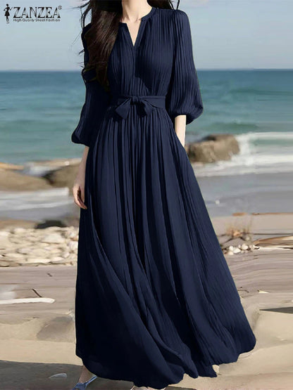 ZANZEA Women's V-Neck Pleated Maxi Dress - Casual Loose Fit 3/4 Lantern Sleeve Long Sundress with Belt