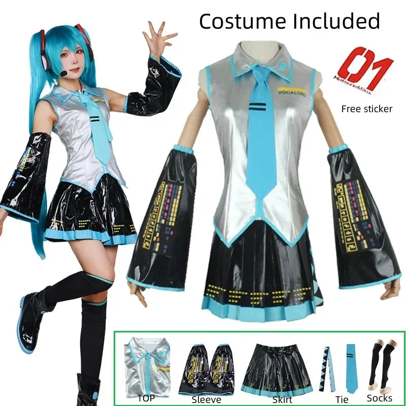 Hatsune Miku Cosplay Costume Set, Silver Leather JK Sailor Dress Uniform Outfit