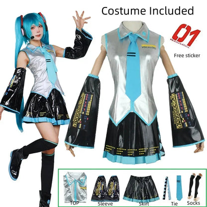 Hatsune Miku Cosplay Costume Set, Silver Leather JK Sailor Dress Uniform Outfit