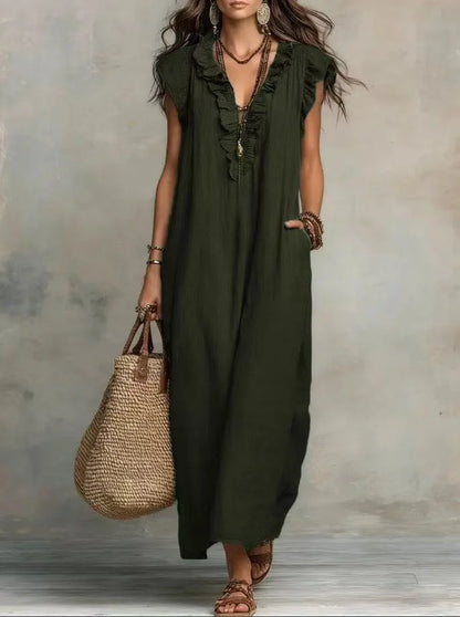 Women's Boho V-Neck Sleeveless Ruffle Solid Color Maxi Dress
