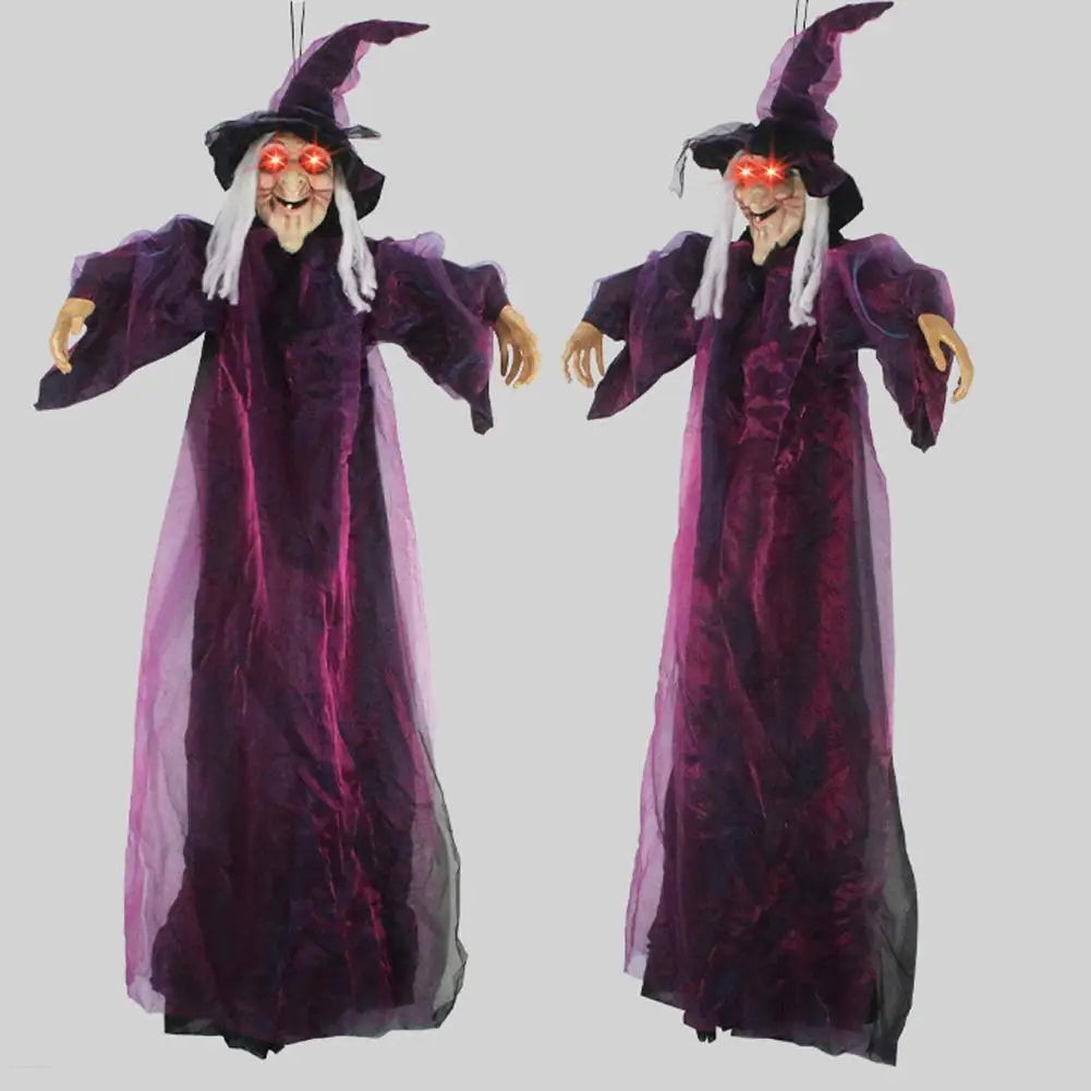 Life-Size Animated Purple Hanging Witch Halloween Prop with Voice Control & LED Eyes