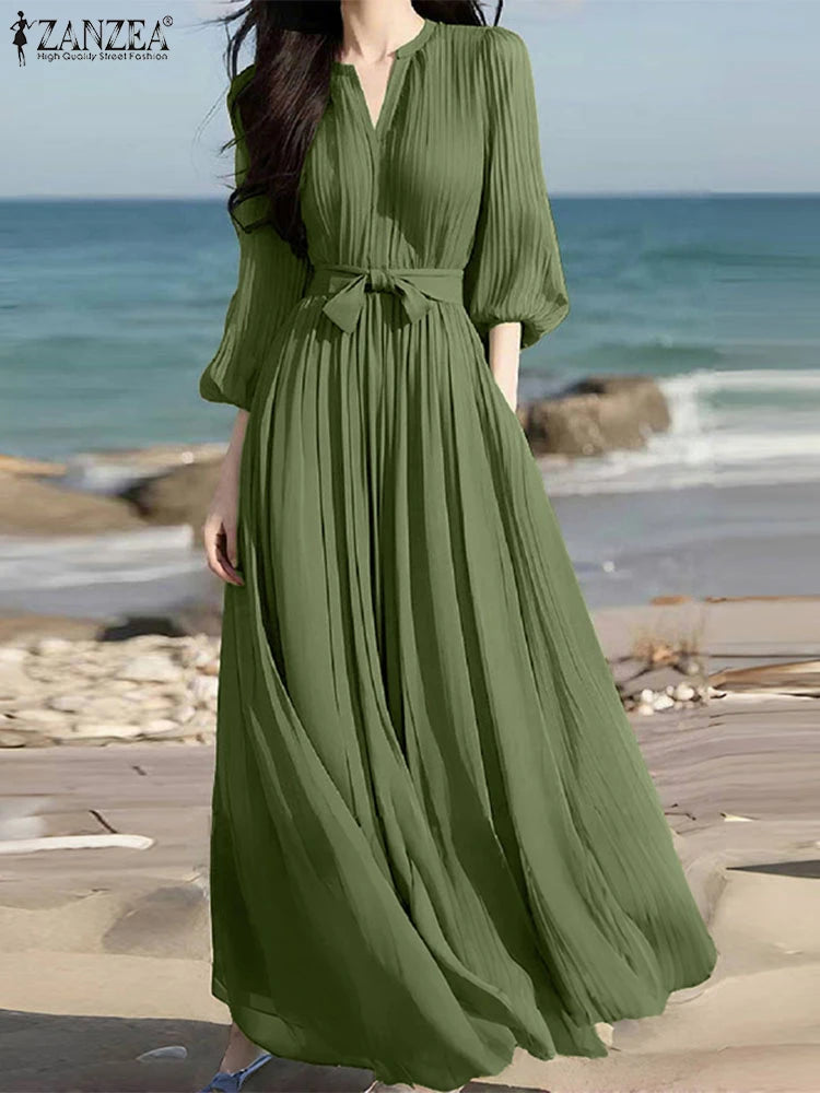 ZANZEA Women's V-Neck Pleated Maxi Dress - Casual Loose Fit 3/4 Lantern Sleeve Long Sundress with Belt