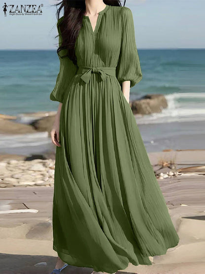 ZANZEA Women's V-Neck Pleated Maxi Dress - Casual Loose Fit 3/4 Lantern Sleeve Long Sundress with Belt