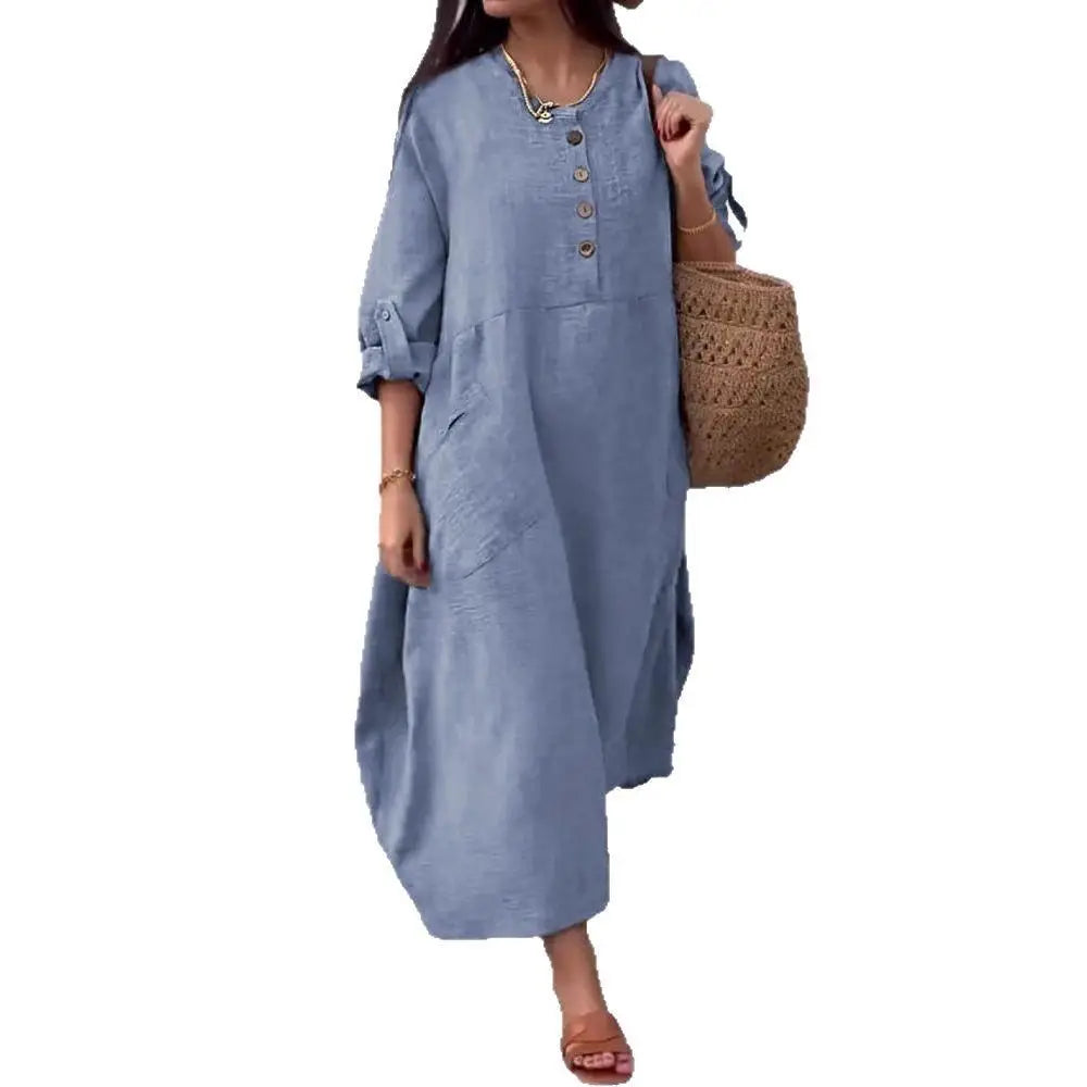 Women's Loose Cotton Linen Long Sleeve Maxi Dress with Pockets