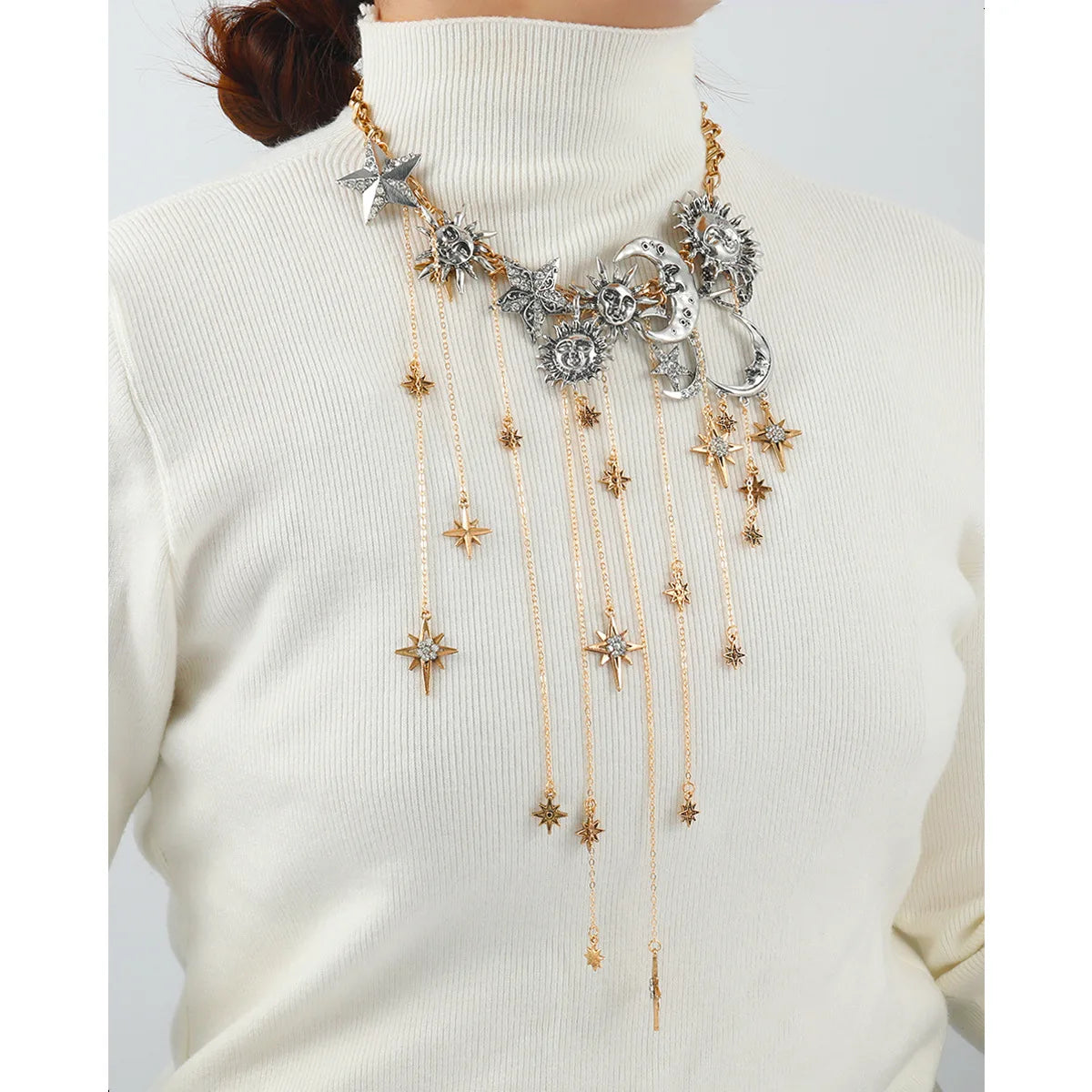 Exaggerated Multi-layered Tasseled Pendant Necklace with Moon, Star, Sun