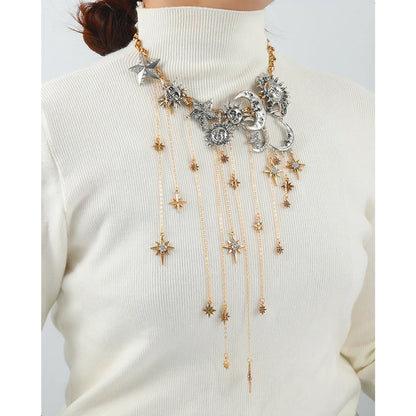 Exaggerated Multi-layered Tasseled Pendant Necklace with Moon, Star, Sun