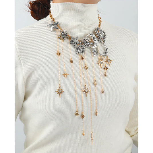 Exaggerated Multi-layered Tasseled Pendant Necklace with Moon, Star, Sun
