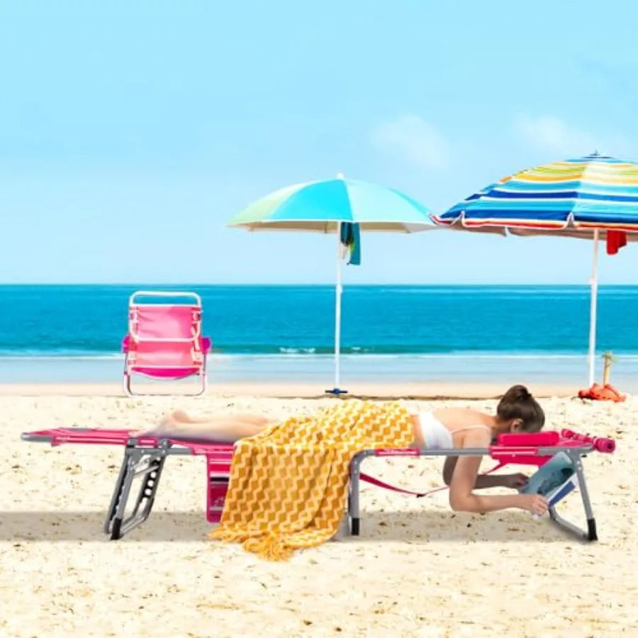 Pink Stripe 330LBS Capacity Beach Lounge Chair with Face Arm