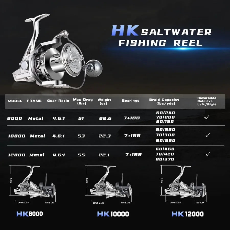 Spinning Aluminum Frame Carbon Fiber 55LB Power Drag Heavy Long Casting Reel