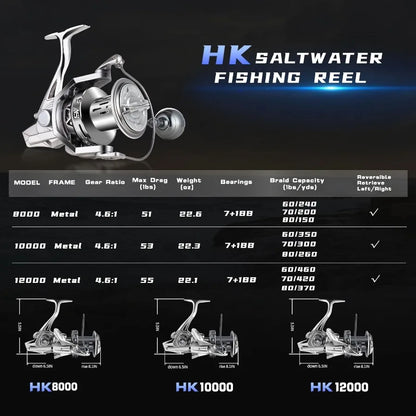 Spinning Aluminum Frame Carbon Fiber 55LB Power Drag Heavy Long Casting Reel