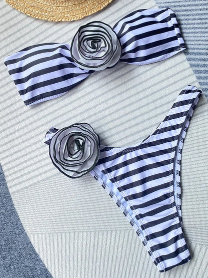 Women's Striped 3-Piece Bikini Set - Strapless Bandeau Top with Matching Beach Skirt Cover-Up