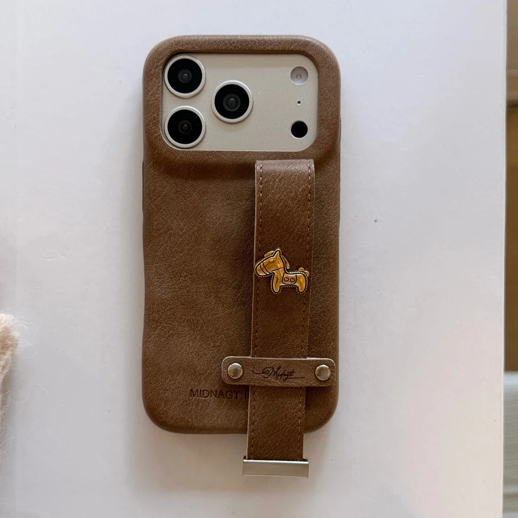 Retro Leather Texture iPhone Case with Wristband Strap & Card Holder