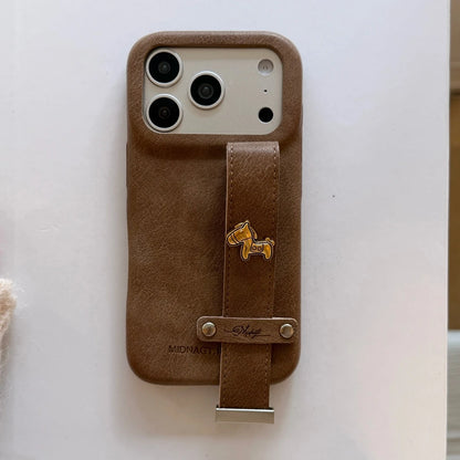 Retro Leather Texture iPhone Case with Wristband Strap & Card Holder
