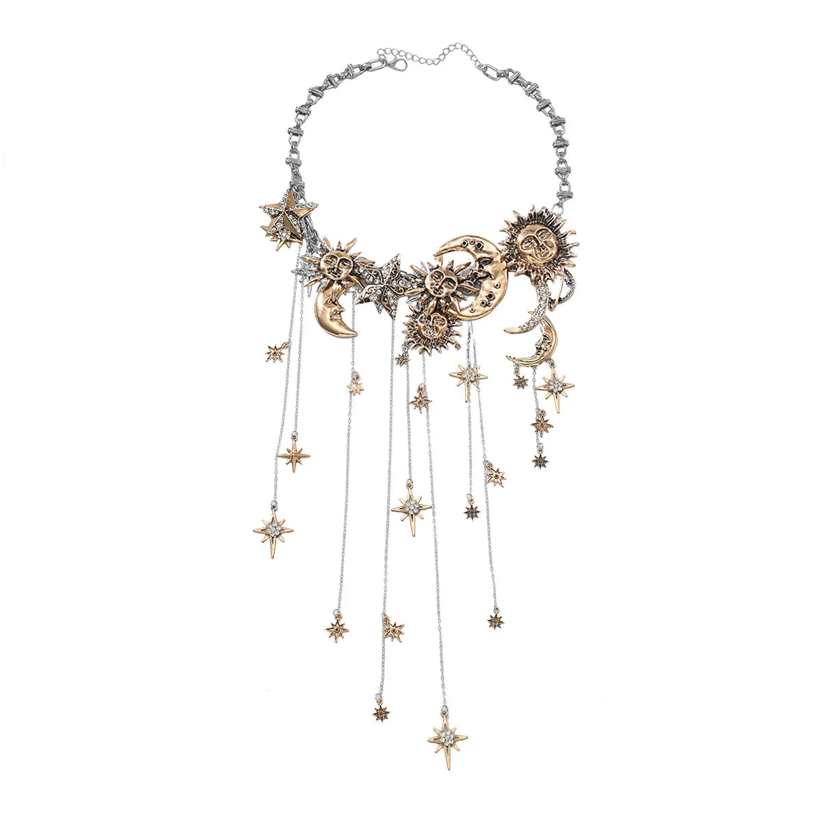 Exaggerated Multi-layered Tasseled Pendant Necklace with Moon, Star, Sun
