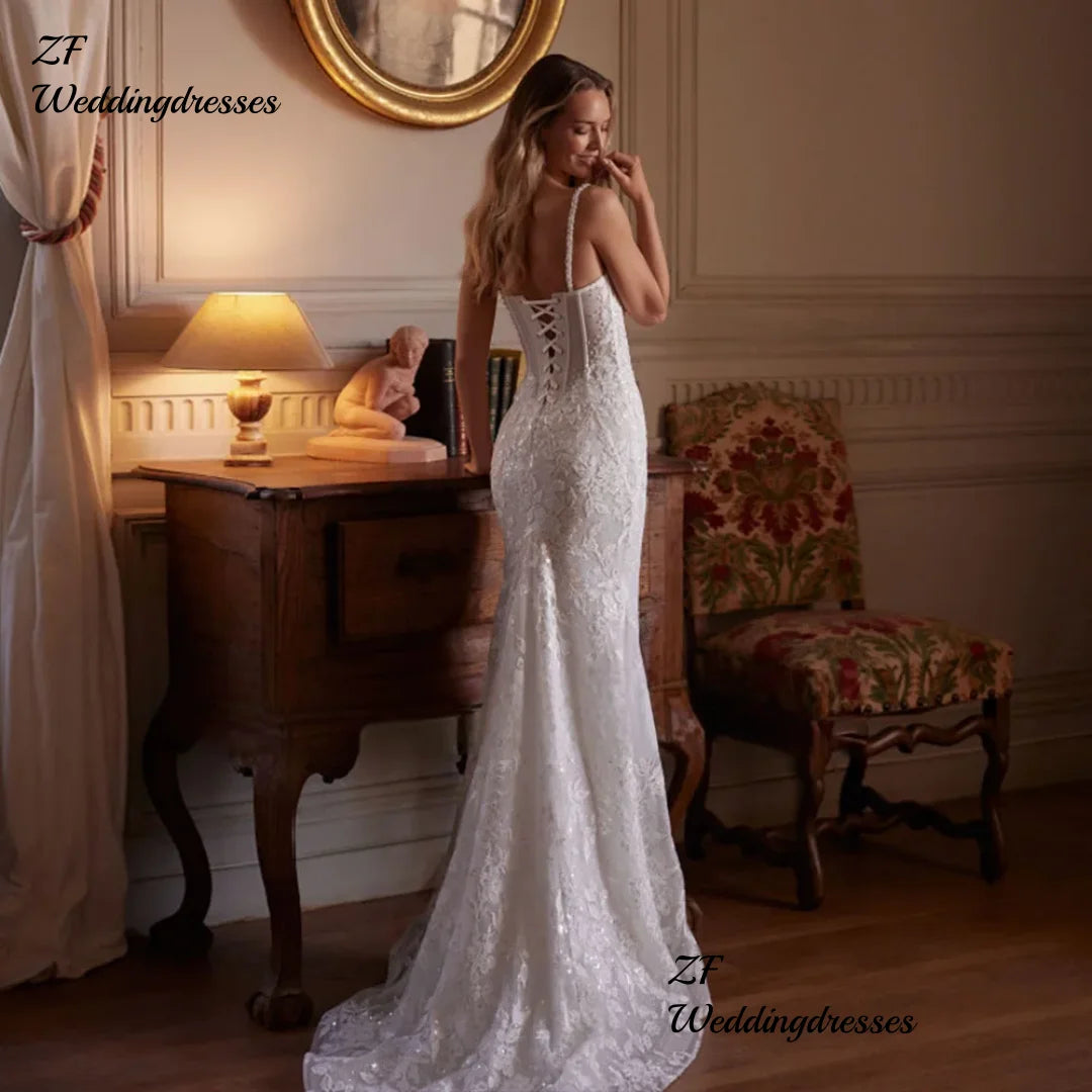 Beaded Shoulder Strapped Sequined Shiny Wedding Dress With Satin Detachable Train