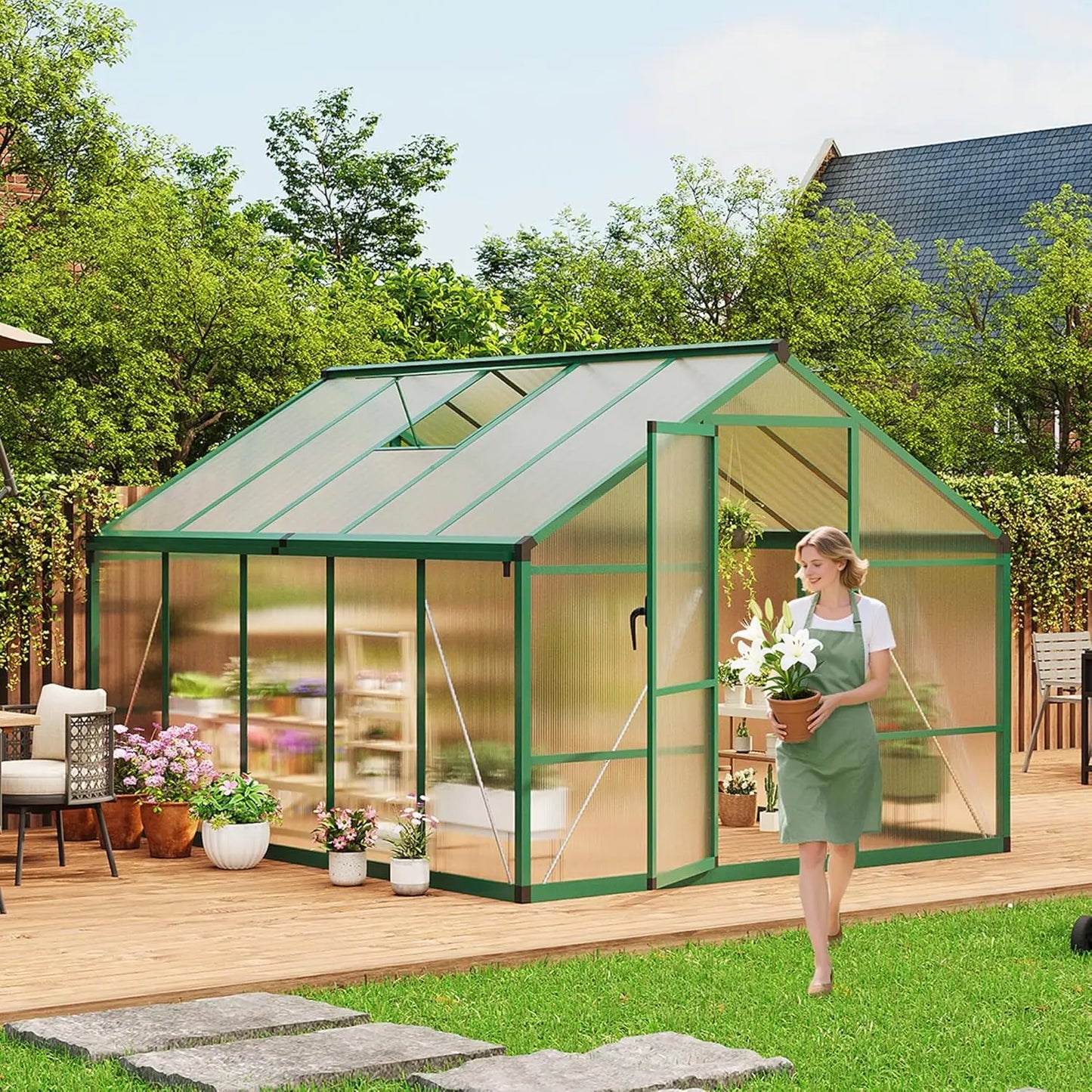 8x10FT Walk-in Polycarbonate Greenhouse with Roof Vent, Ground Nails, Lockable Push Door