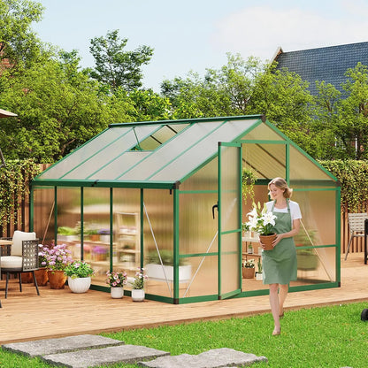 8x10FT Walk-in Polycarbonate Greenhouse with Roof Vent, Ground Nails, Lockable Push Door
