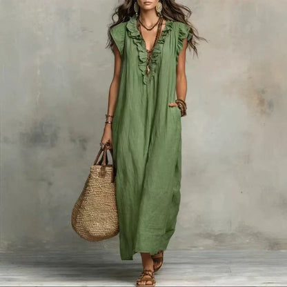 Women's Boho V-Neck Sleeveless Ruffle Solid Color Maxi Dress
